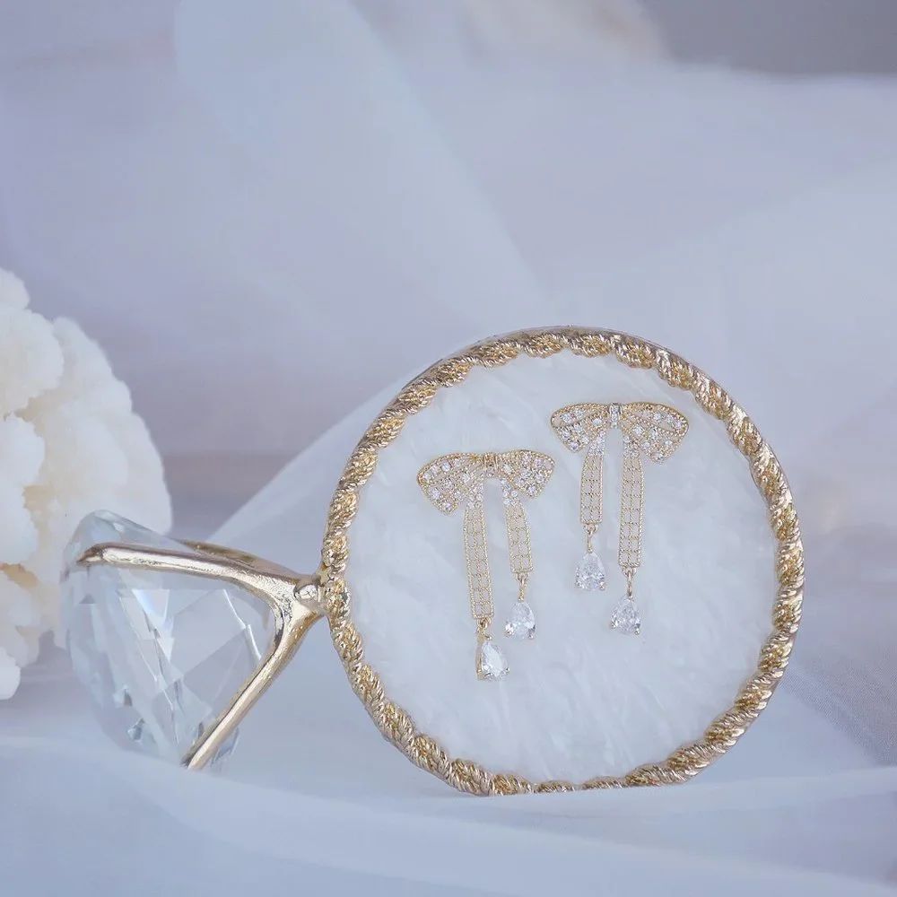 NEW 14K Gold Plated Diamond Bow Drop Earrings - Picture 5 of 5